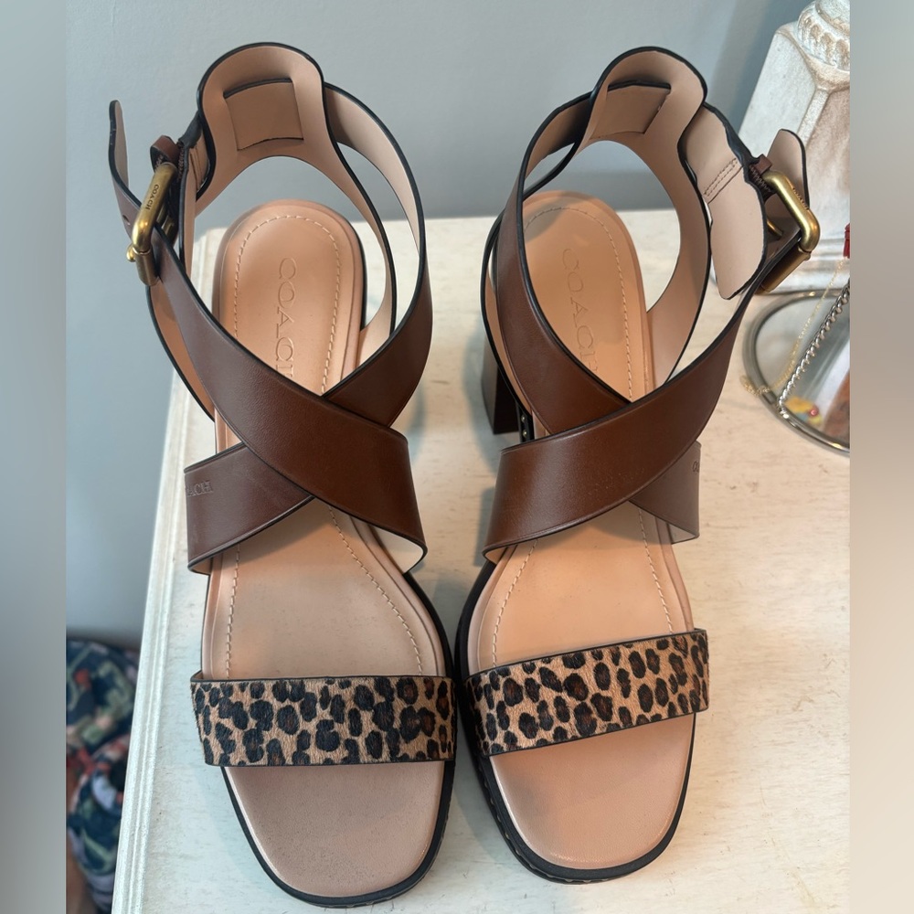 Coach Brown Leather and Leopard Print Sandals